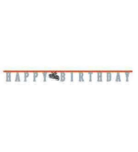 Gray letter banner spelling "Happy Birthday" with a black bicycle illustration between the words on an orange string.
