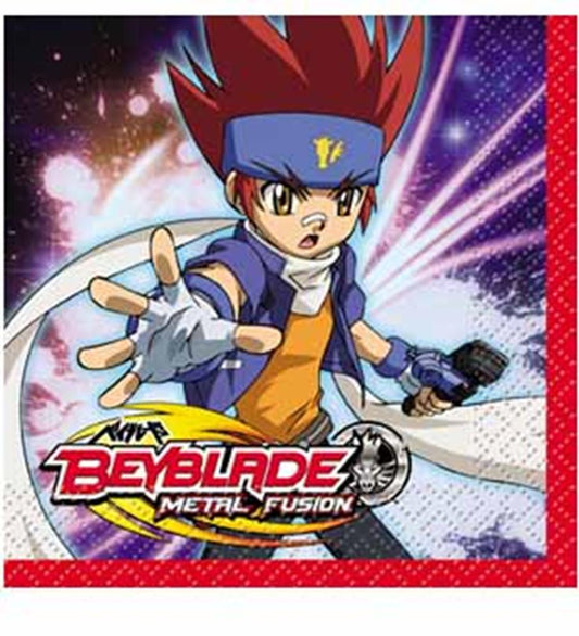 Square red napkin featuring Beyblade character with spiky red hair and blue headband on a cosmic background.