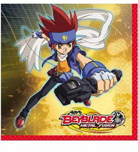 Square paper napkin with red border, featuring a dynamic anime character in blue and orange gear on yellow background, and.