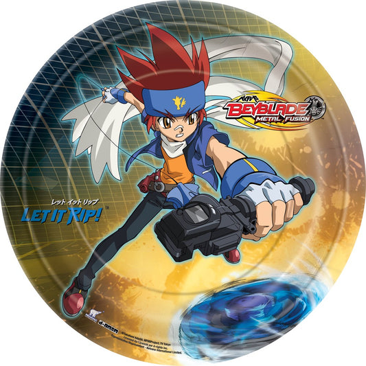 Round metal Beyblade plate with colorful anime character and spinning top design.
