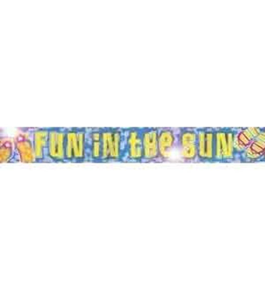 Colorful foil banner with tropical floral background and yellow text reading "FUN IN THE SUN".