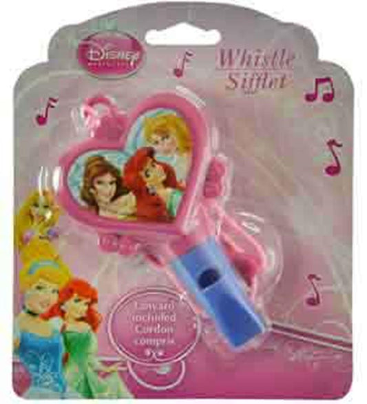Pink heart-shaped plastic whistle with Disney princesses illustration and blue mouthpiece.