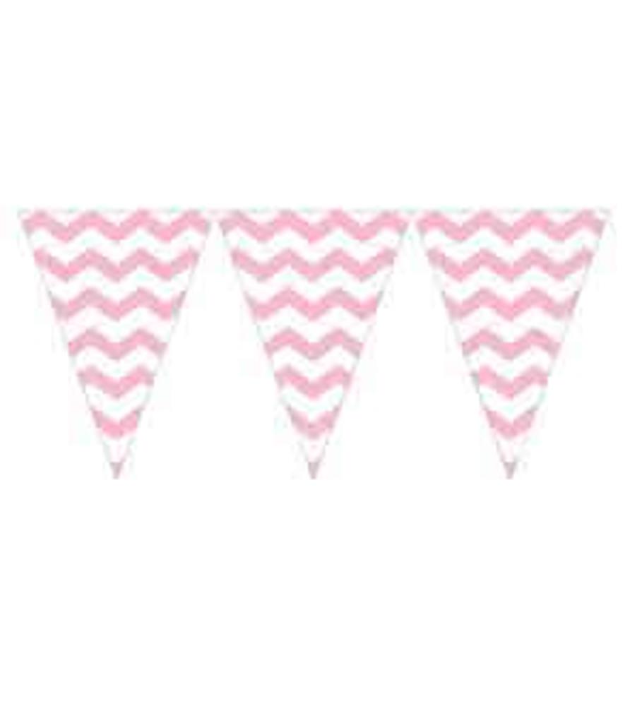 Pink and white chevron patterned triangular fabric flags on a 9ft string banner.