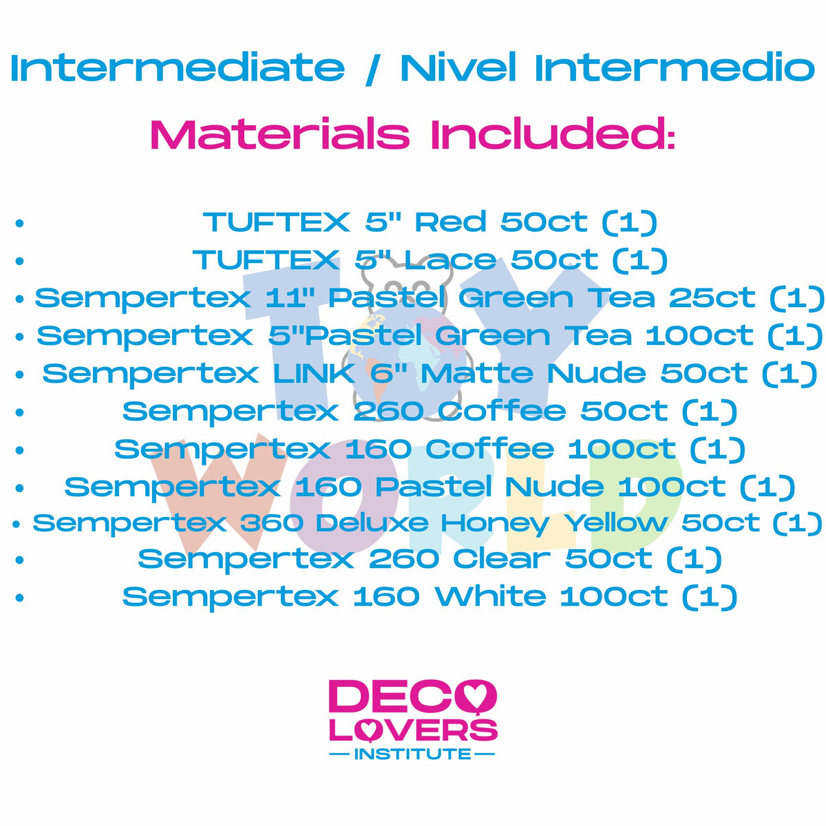 White card with colorful text listing materials included in an intermediate-level project kit from Deco Lovers Institute.