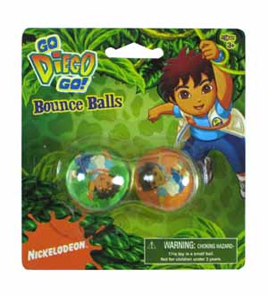 Two clear plastic bounce balls featuring Diego from the animated series on green jungle-themed backing.