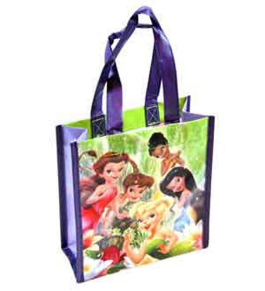 Purple mini tote bag with Tinkerbell and friends graphic, non-woven material, short handles.