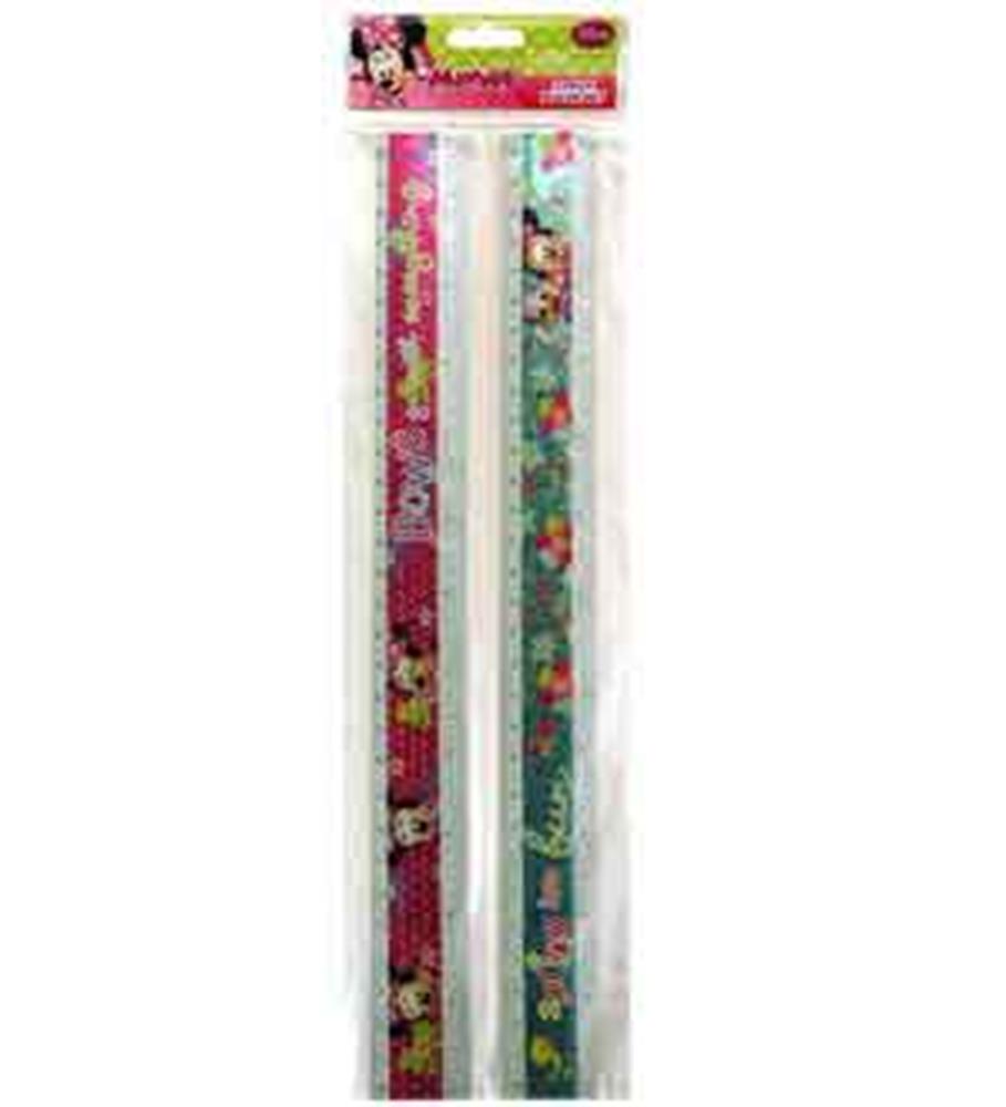 Two 12-inch plastic rulers with colorful Minnie Mouse-themed designs and measurement markings.