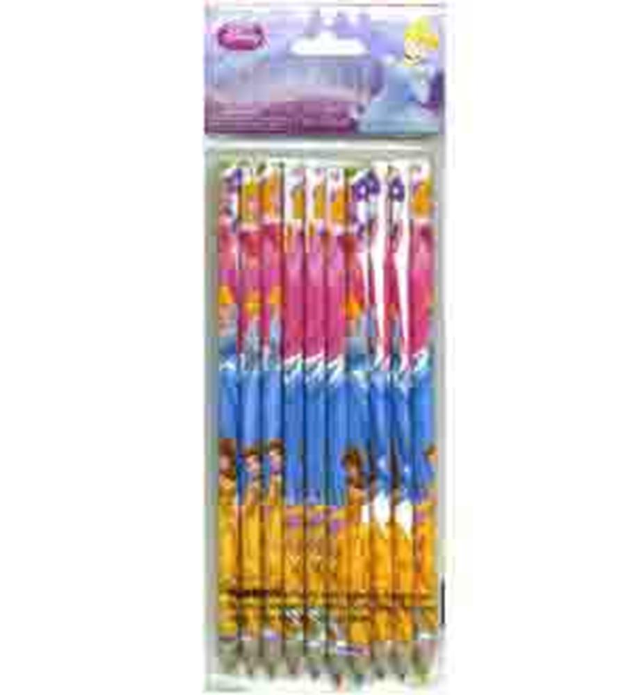 Pack of 10 Disney Princess wooden colored pencils with pink, blue, and yellow princess-themed designs on the barrels.