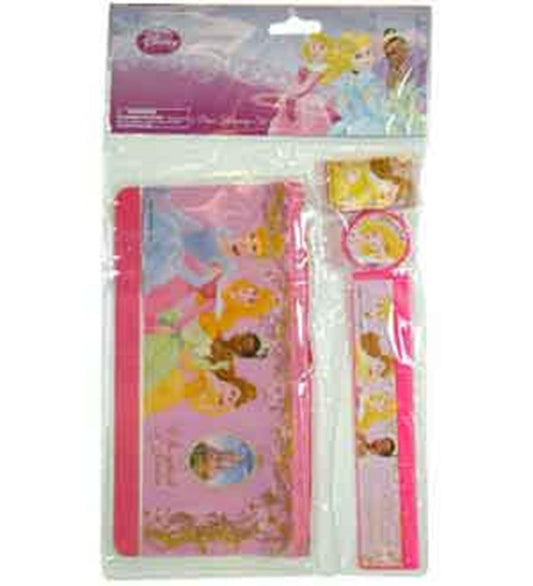 Pink princess-themed stationery set with illustrated princesses and gold accents, includes notepad, ruler, eraser, and.