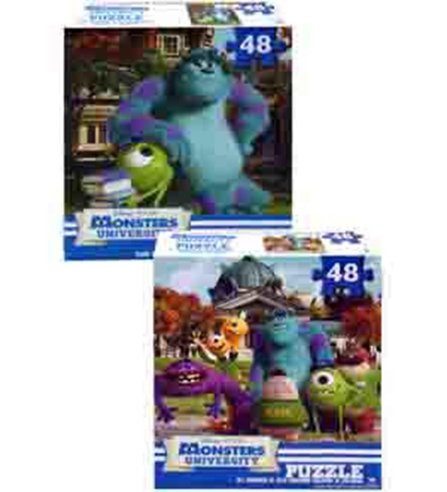 Two boxed 48-piece Monsters University puzzles featuring colorful characters Sulley, Mike, and friends in campus scenes.
