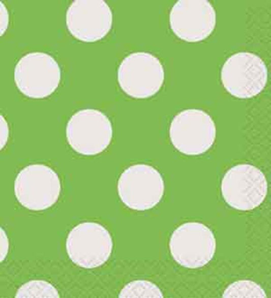 Lime green paper napkin with large white polka dots embossed edges.
