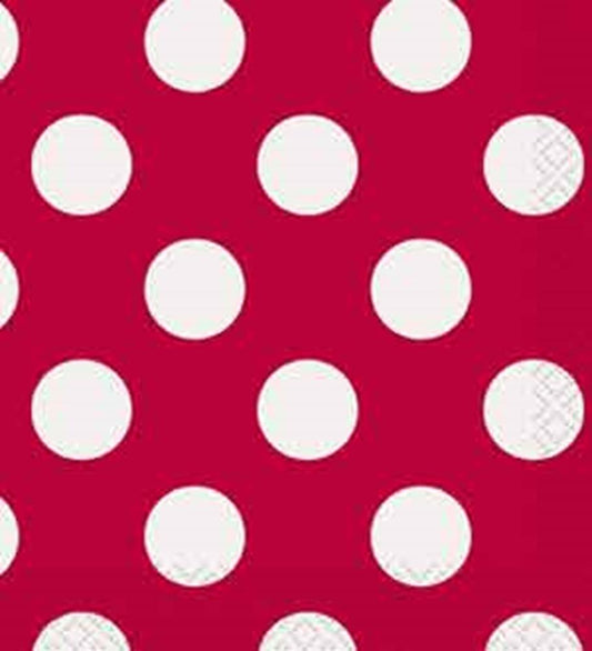 Ruby red paper napkins with large white polka dots, square shape, textured edges.