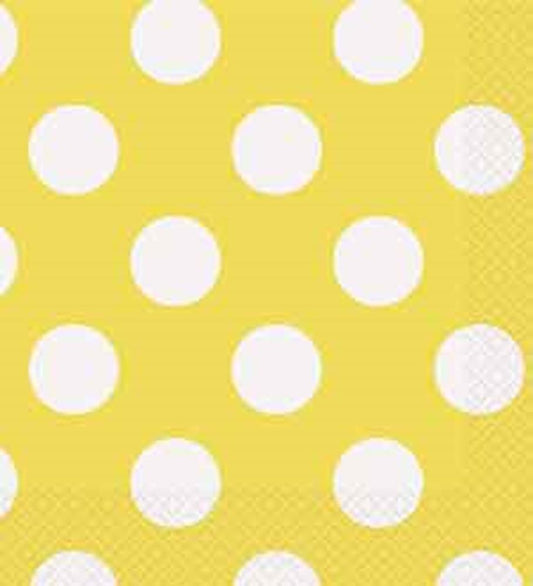 Yellow napkin with large white polka dots and textured edge, paper material.