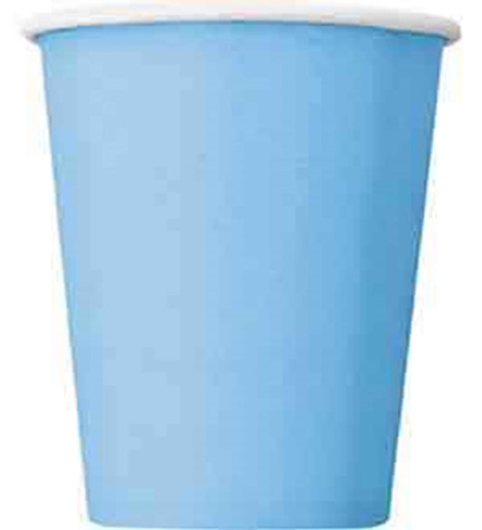 Powder blue disposable paper cup with white rim, 9-ounce capacity, smooth finish.