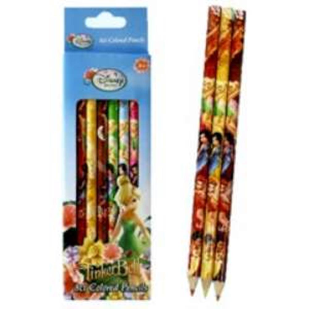 Set of eight Disney Tinkerbell-themed colored pencils with vibrant character wrap designs.