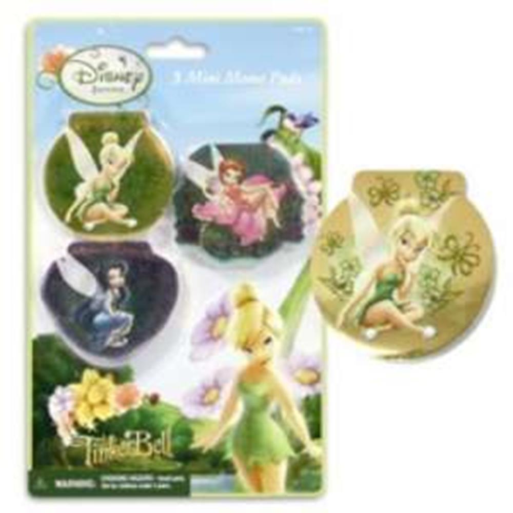 Set of three round foil memo pads featuring Tinkerbell and fairy designs with green and gold accents.