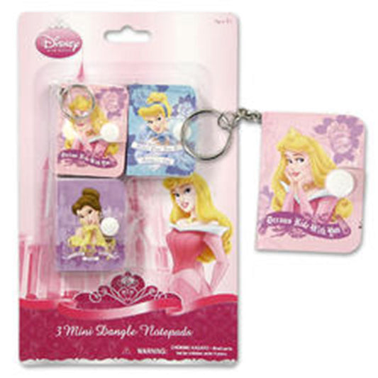 Three mini square notepads with keychains, featuring Disney princesses Belle, Cinderella, and Aurora on pastel pink and.