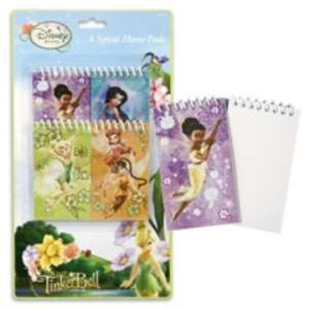 Set of four spiral notepads featuring colorful Disney Tinkerbell and fairy designs with purple, green, orange, and blue.