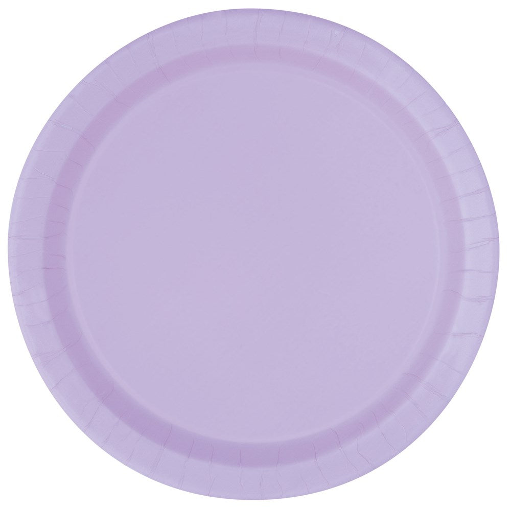Round 9-inch lavender paper plate with a slightly raised edge and smooth matte finish.