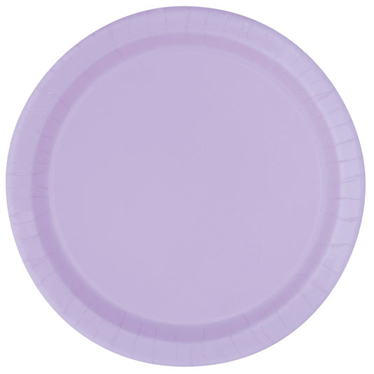 Round 9-inch lavender paper plate with a slightly raised edge and smooth matte finish.