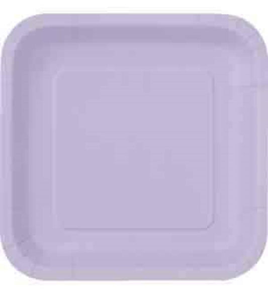 Set of 14 lavender square disposable plates with rounded edges and a slightly raised rim.