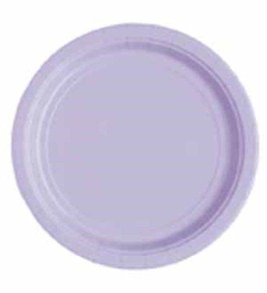 Round lavender plastic plate with raised edges, 7-inch diameter.
