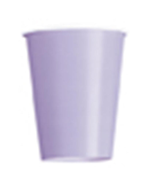 Lavender-colored disposable cup with smooth surface and tapered shape, 9-ounce capacity.