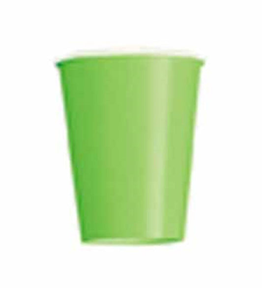 Lime green paper cup with 9-ounce capacity, smooth texture, and tapered shape.