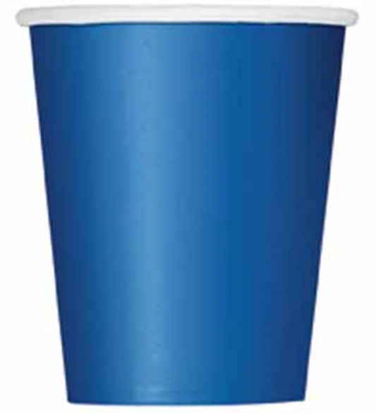 Royal blue 9-ounce paper cup with white rim, smooth matte finish.