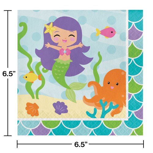 Square paper napkins with a mermaid, colorful fish, orange octopus, and underwater sea plants on a light blue background,.