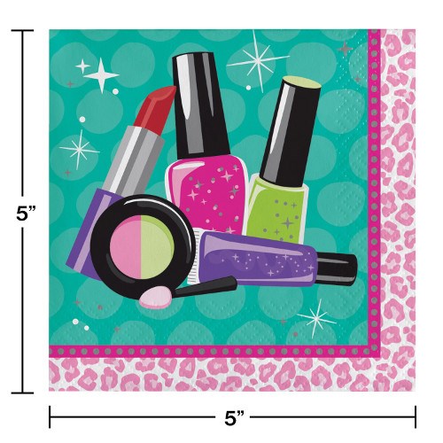 Square paper napkin with pink leopard print border and makeup-themed illustrations on teal background.