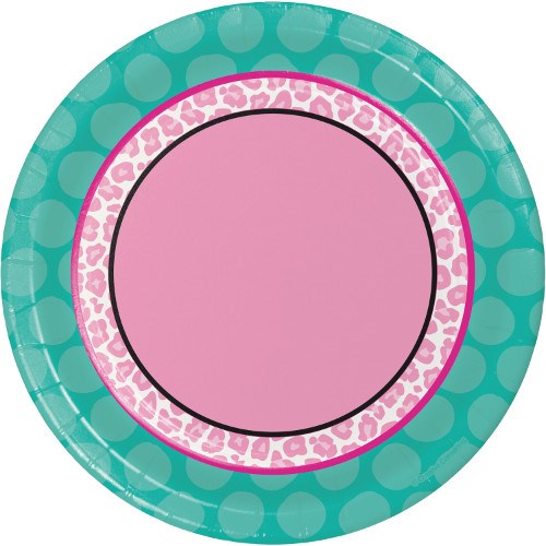Round party plate with turquoise polka dot border, pink center, and leopard print ring.