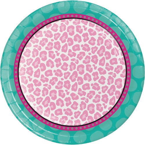 Round paper plate with teal polka dot border and pink leopard print center, XL size.