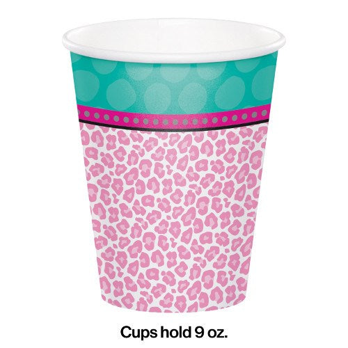 9oz paper party cup with pink leopard print and teal band with polka dots and pink accents.