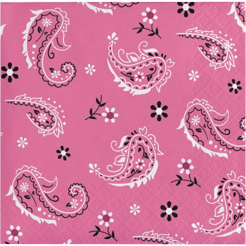Pink napkin with white and black paisley and floral pattern in square shape.