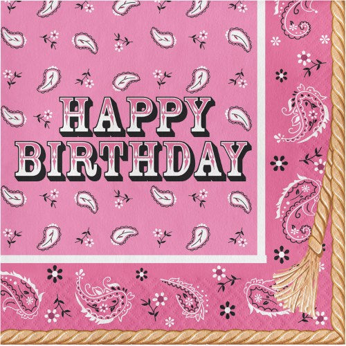 Pink square napkin with white paisley bandana print, "Happy Birthday" text in bold western font, and fringe detail on one.