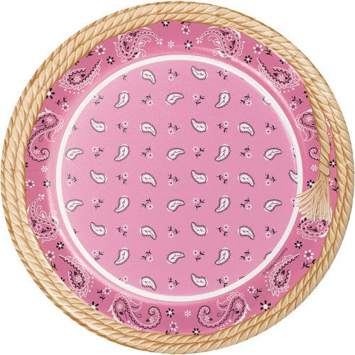 Pink round paper plate with white and black paisley bandana pattern and rope border design.