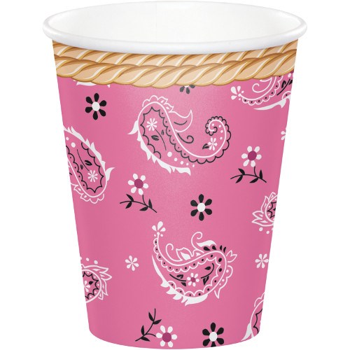 Pink disposable cup with white and black paisley and floral bandana print, beige rope border near rim.