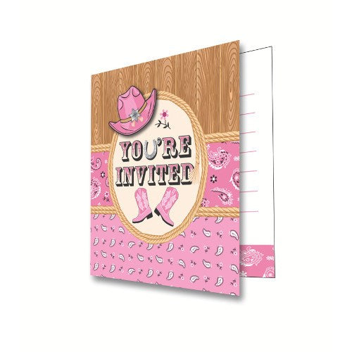Pink cowgirl birthday invitation with cowboy hat, boots, and bandana patterns on wood background.