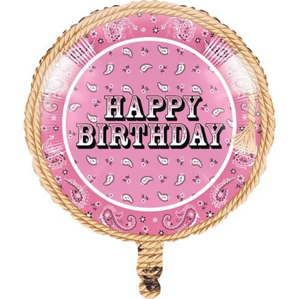 Round pink tablecover featuring classic paisley bandana patterns, rope border design, and bold "Happy Birthday" text in the.