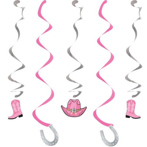 Pink and silver spiral hangers with cowboy boots, hats, and horseshoes dangling.