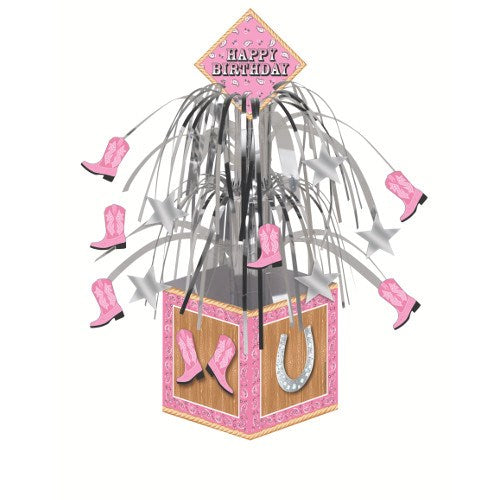 Pink cowgirl boots and horseshoe centerpiece with silver metallic streamers and a pink "Happy Birthday" sign.