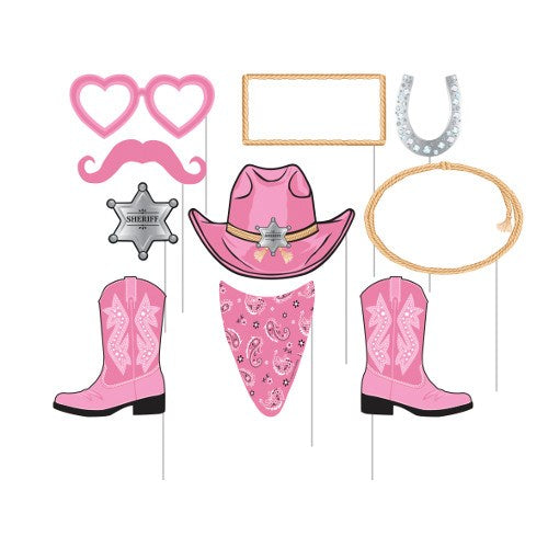 Pink cowgirl hat with star badge, pink bandana, boots, heart glasses, mustache, sheriff badge, horseshoe, and lasso photo.