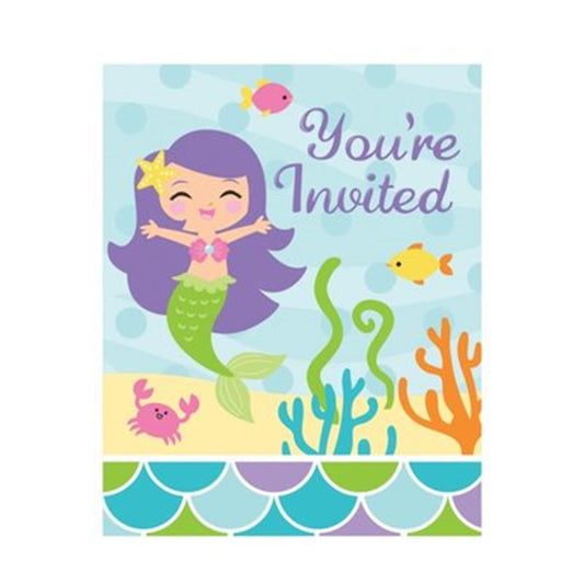 Colorful mermaid-themed birthday invitation with purple-haired mermaid, fish, coral, and seaweed on a blue background.