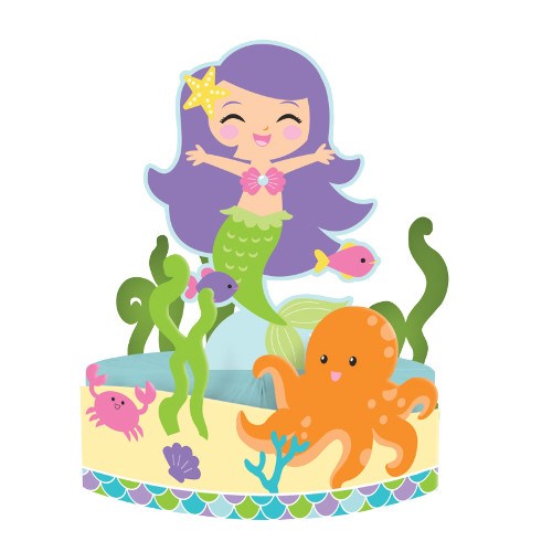 Colorful paper honeycomb centerpiece featuring a purple-haired mermaid with a green tail, orange octopus, pink fish,.