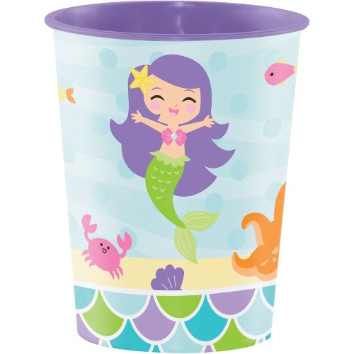 16oz plastic cup with purple rim featuring a smiling purple-haired mermaid, pink crab, orange octopus, and colorful scallop.