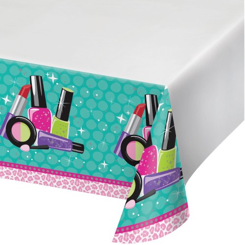 Rectangular table cover with teal sparkle border, pink and purple makeup graphics, and white center panel.