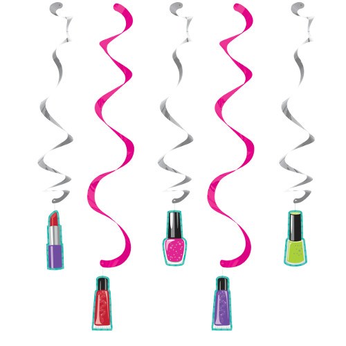 Five hanging spiral danglers in pink and silver with glittery lipstick and nail polish charms in pink, red, purple, and.