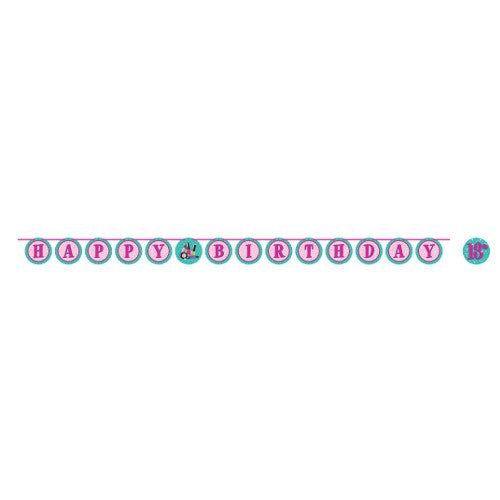 Colorful circle banner with "Happy Birthday" letters in pink and teal, featuring spa icons on a white background.