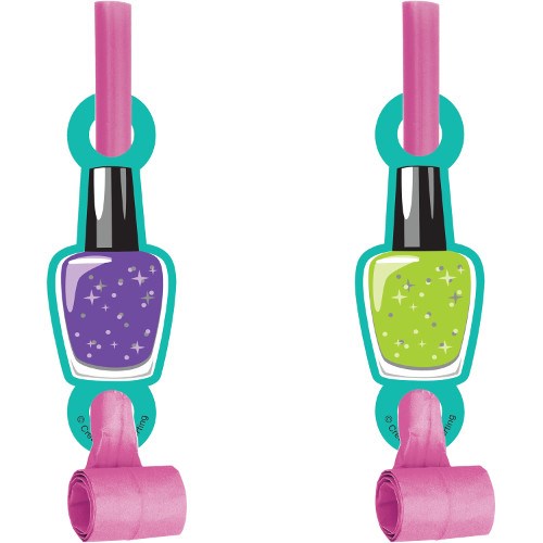 Set of two party blowouts with pink paper tubes, each attached to a glittery nail polish-shaped decoration—one purple, one.